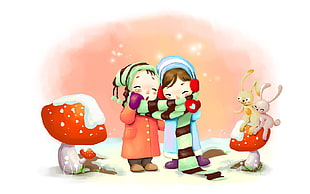 two girls using one scarf graphic wallpapers HD wallpaper