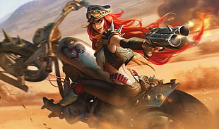 female character holding gun while riding motorcycle digital wallpaper, Miss Fortune (League of Legends), League of Legends, weapon HD wallpaper