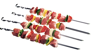four raw meats and veggies on skewers HD wallpaper