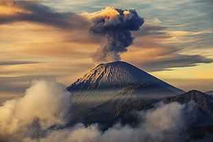 black mountain surrounded by clouds, landscape, volcano HD wallpaper