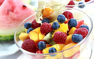 fruit salad serve on clear glass bowl HD wallpaper