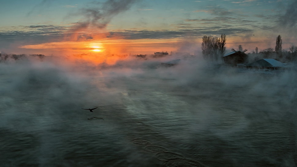 body of water surrounded by fog, sunset, nature, landscape, clouds HD wallpaper