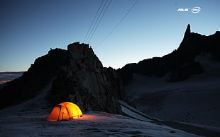 orange and yellow camping tent, Intel, electricity cable, tent, snow HD wallpaper