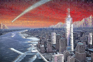 painting of city skyline, glitch art, New York City, pixel sorting, city HD wallpaper