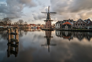 brown and black windmill, city, reflection, windmill, water HD wallpaper