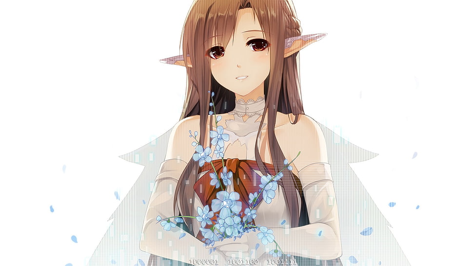 female anime character holding blue petaled flower HD wallpaper
