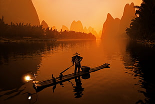man sailing boat digital wallpaper, nature, landscape, China, Li River HD wallpaper