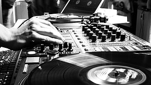 grayscale photo of DJ terminal mixer HD wallpaper