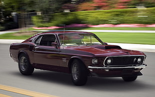 maroon Ford Mustang on gray top road HD wallpaper