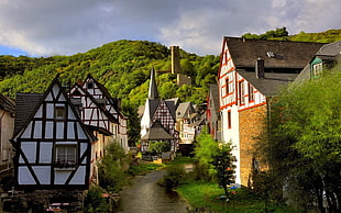 white and brown houses near mountain, architecture, building, old building, water