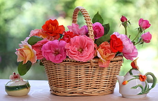 flowers on wicker basket bed white tea pot HD wallpaper