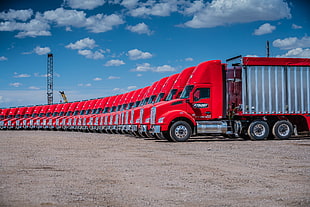 red and gray freight truck lot, vehicle, trucks, Truck, red HD wallpaper
