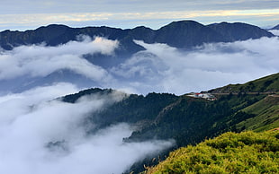 white and black mountain painting, nature, landscape, clouds, mountains