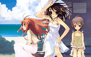 three girl anime characters at beach photo HD wallpaper
