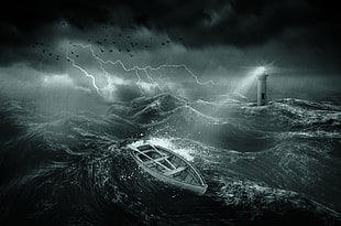 illustration of stormy seas with lighthouse and clinker boat, nature, water, sea, waves HD wallpaper