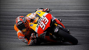 red and yellow sports bike and racer, Marc Marquez, Moto GP, Repsol Honda, vehicle HD wallpaper