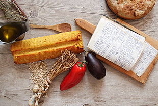bell pepper, eggplant, bread, chopping board photo HD wallpaper