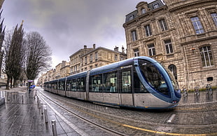 white and blue train, cityscape, HDR, building, fisheye lens HD wallpaper
