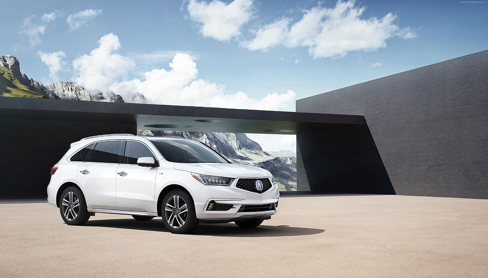 white SUV parked on ground under stratus clouds HD wallpaper