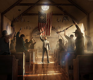 men holding rifles inside room with flag