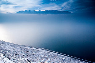 top view of body of water and mountain under blue and white sky, léman HD wallpaper