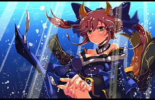female anime character in blue off shoulder dress in underwater illustration HD wallpaper