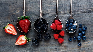 assorted berries, spoons, fruit, food, strawberries HD wallpaper