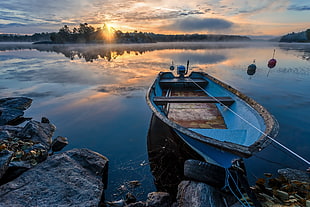 blue boat, blue, water, boat, nature HD wallpaper