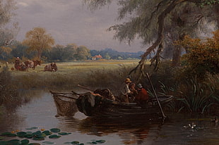 people in brown boat painting, painting, lily pads, boat, field HD wallpaper