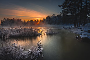 frozen lake at snowy day