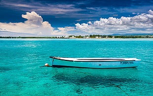 white jon boat, Mauritius, boat, island, clouds HD wallpaper