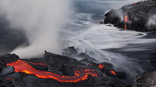 red lava, lava, sea, water HD wallpaper