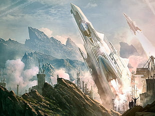 gray rockets digital wallpaper, digital art, Raphael Lacoste, science fiction