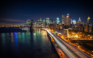 black and brown wooden table, Manhattan, New York City, night, Brooklyn Bridge