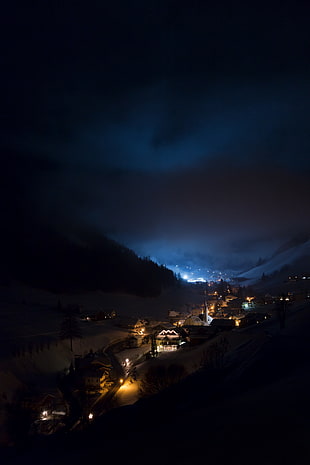 Mountains,  Night,  Buildings,  Light HD wallpaper