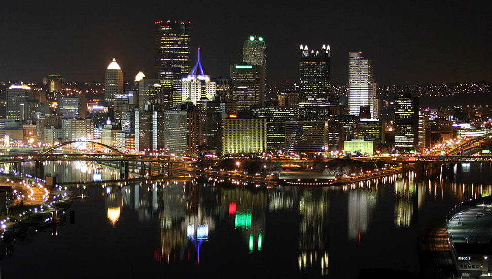 city lights beside river, pittsburgh HD wallpaper