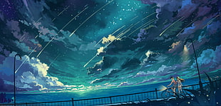 anime movie still, stars, sea, clouds, night HD wallpaper