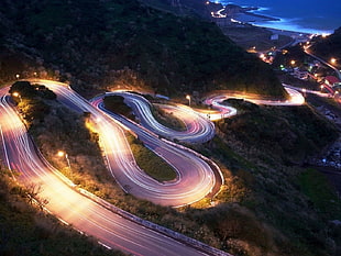 timelapse photography of road, Touge, hairpin turns HD wallpaper