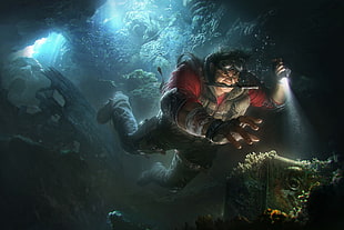 man holding flashlight swimming in body of water wallpaper, digital art, underwater HD wallpaper