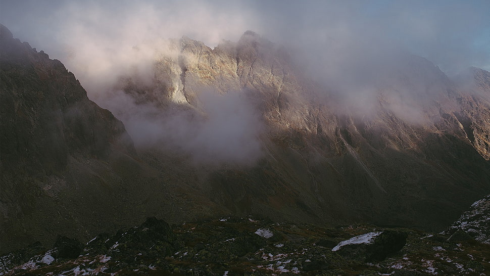 photo of gray mountain covered in clouds, landscape HD wallpaper