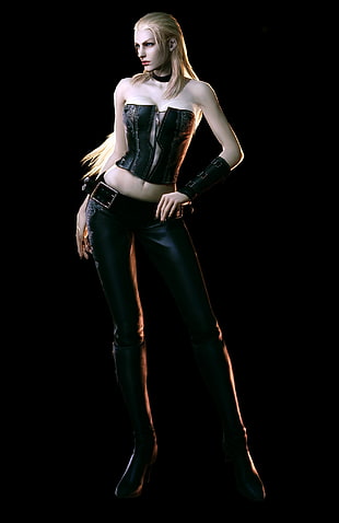 women's black leather top and leggings illustration HD wallpaper