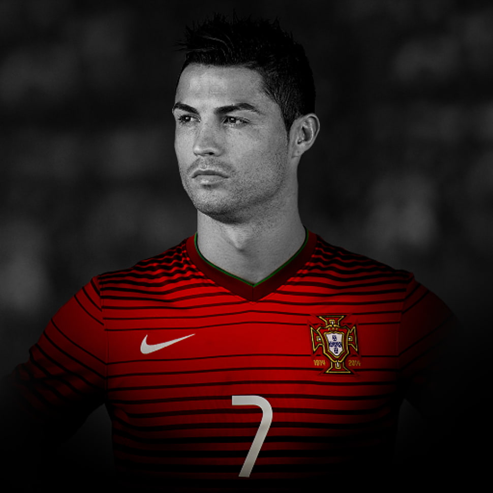selective color of man wearing red Nike v-neck soccer jersey HD wallpaper