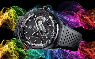 round black chronograph watch with black strap HD wallpaper