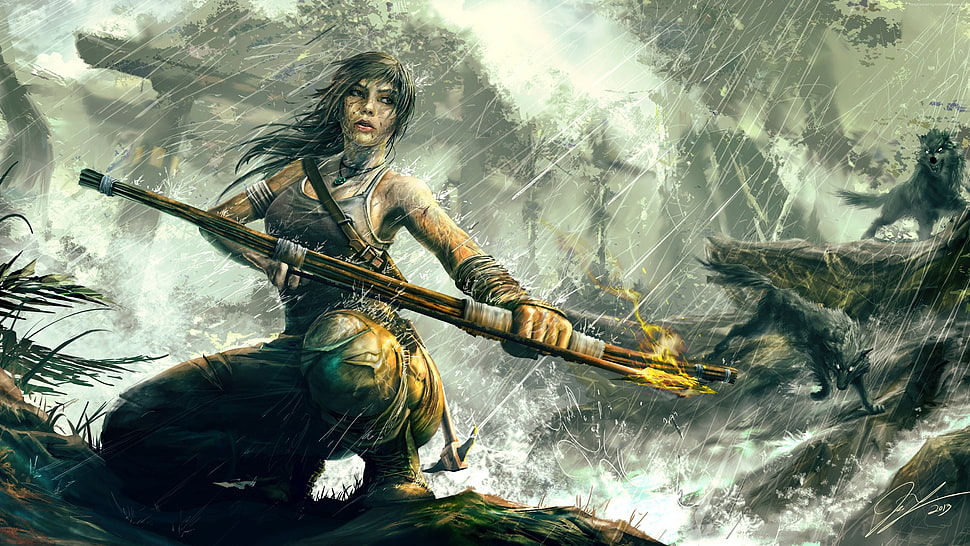 female character holding bow with fire under rain wallpaper HD wallpaper