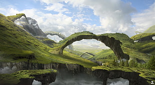 green grass, fantasy art, landscape, arch HD wallpaper