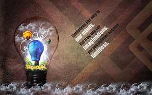 bulb background with text overlay, light bulb, digital art, typography, flowers HD wallpaper