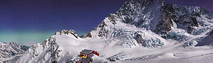 white and black floral textile, panoramas, mountains, cabin, glaciers