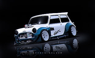 classic white and blue custom Mini Cooper, car, artwork, Mini Cooper, Khyzyl Saleem HD wallpaper