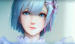 blue haired anime girl illustration