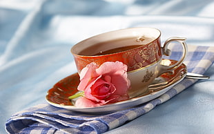 brown and white ceramic mug and saucer